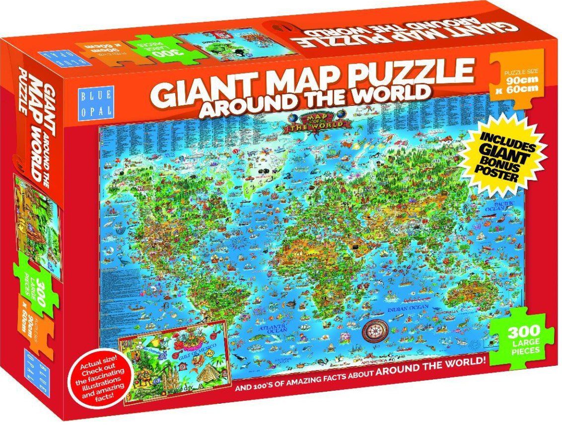 Giant World Map Jigsaw Puzzle 300 Pieces Bonus Puzzle Poster Facts Blue Opal