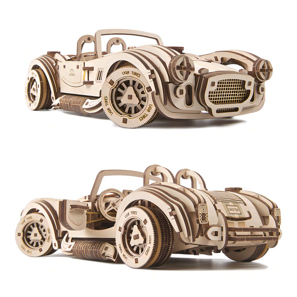 UGEARS Drift Cobra Racing Car Puzzle - Wooden 3D Puzzles For Adults To Build With Powerful Spring Motor Wood Mechanical Models Building Kit For Fathers Day Retro Hobbies For Men 370 Pcs